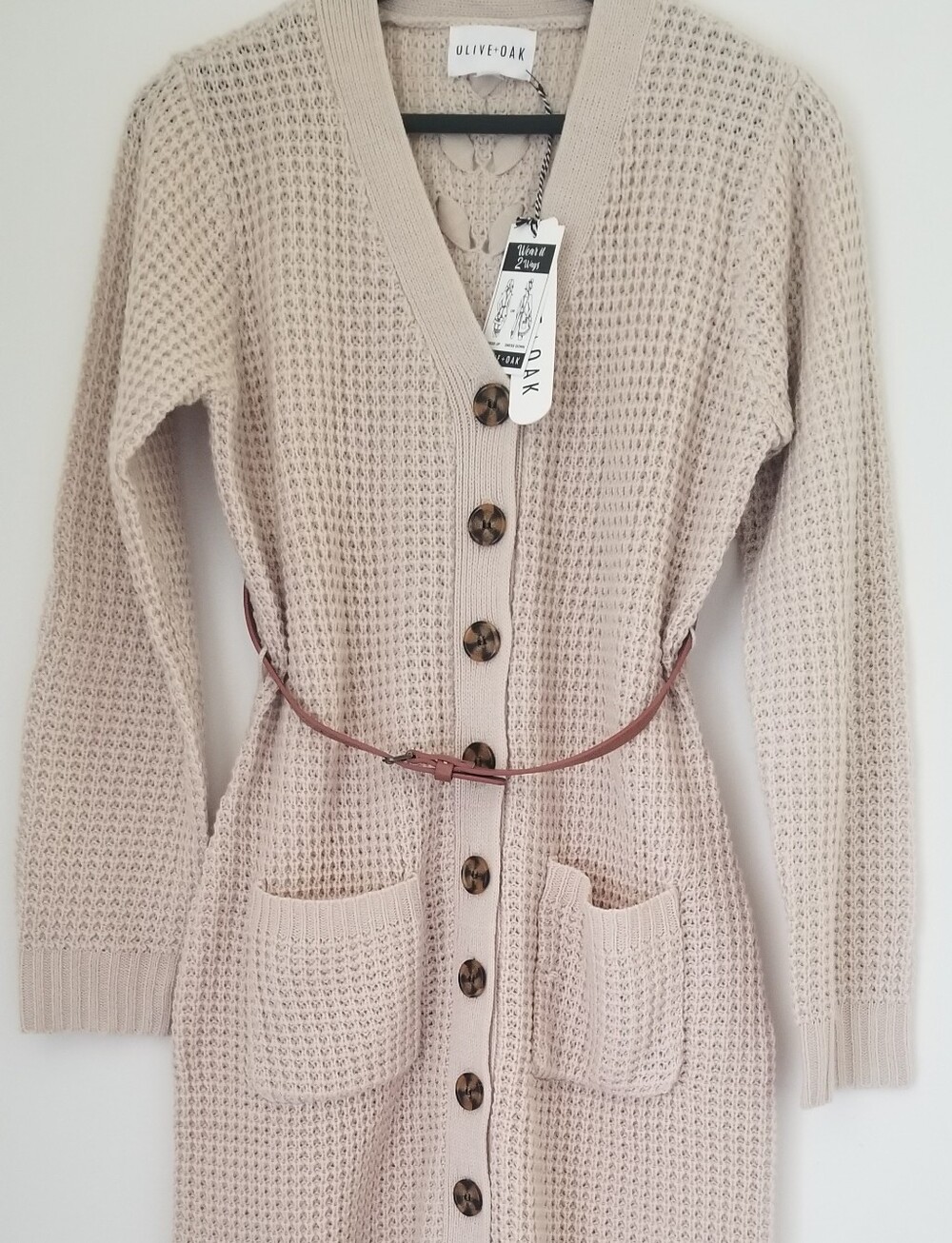 New w Tag 2 in 1 Beige-Tan Knit Button-Front Cardigan with Belt.